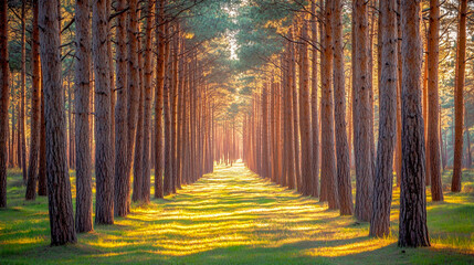 the dense forest, sunlight shines through the tall trees and illuminates the green grass on the ground.
