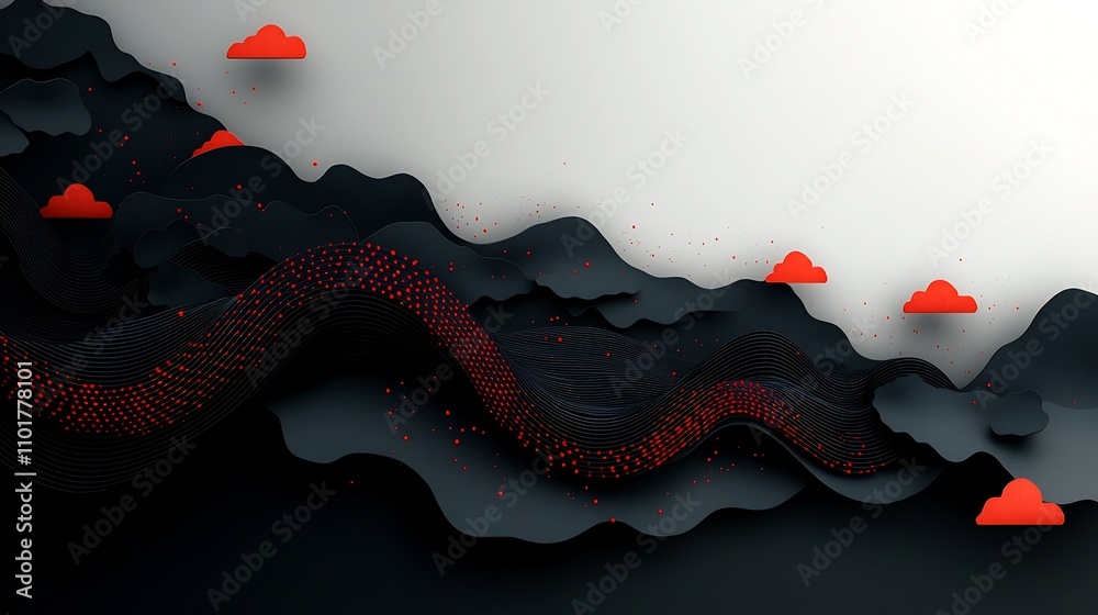 Poster dramatic abstract landscape with a dark mountainous backdrop and vibrant red dots and lines creating