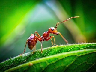 Tilt-Shift Photography of a Red Ant on a Large Green Leaf, Macro Nature Scene, Close-Up Details, Insect Life, Vibrant Colors, Nature Photography, Miniature World, Environmental Beauty
