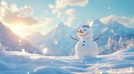 Snowman in sunny mountain field with children playing in snow