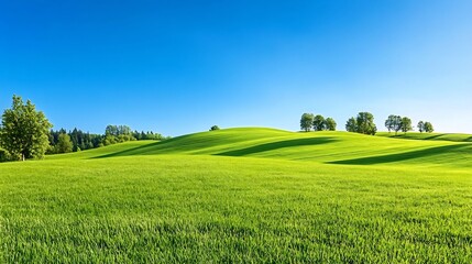 Idyllic countryside landscape with rolling green hills under a clear blue sky