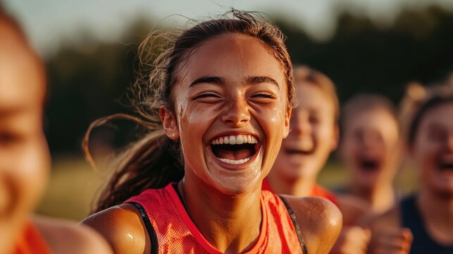 A girl with a sweaty face and a wide smile, celebrating with friends after a fun run.