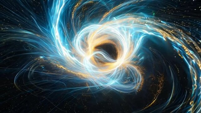 Celestial Vortex: Abstract swirling nebula with blue and gold energy, cosmic swirl, space art, otherworldly, mystical