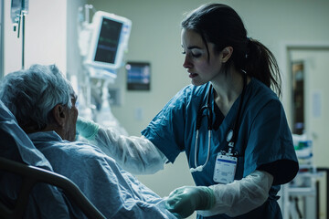 Hospital caregiver assisting elderly patient during night shift