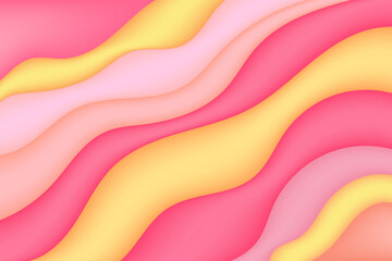 Abstract pink, yellow, orange 3d wavy background. Cute candy colors wallpaper. Inflated organic curvy waves pattern with glowing plastic texture for presentation, social media, poster, web banner
