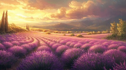 Serene meadow of pink lavender in full bloom, illuminated by soft sunset rays creating a dreamy atmosphere.