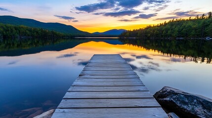 Fototapeta premium Tranquil Wooden Dock Overlooking Serene Lake at Sunrise