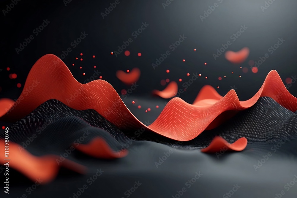 Poster captivating abstract design with a visually striking wave like pattern of red dots and lines forming