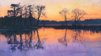 Fototapeta premium Serene reflections of trees on still wetland waters at dusk, with soft orange and purple skies in the background.