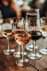 Fototapeta premium Assorted wine glasses on wooden table in warm ambient setting
