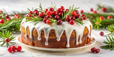 Traditional Christmas Cake with Glaze, Pomegranate Seeds, Cranberries, and Rosemary Isolated on White Background for Festive Holiday Celebrations and Culinary Displays