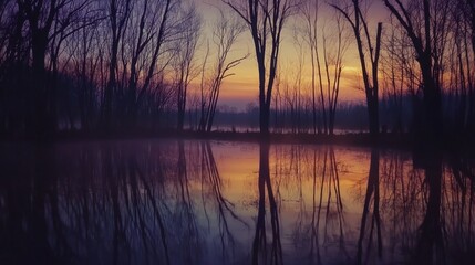 Serene reflections of trees on still wetland waters at dusk, with soft orange and purple skies in the background.
