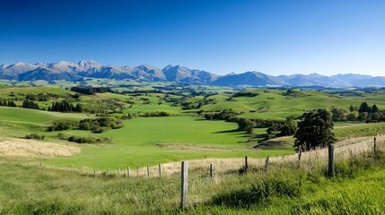 Picturesque Landscape with Rolling Green Meadows and Distant Mountains