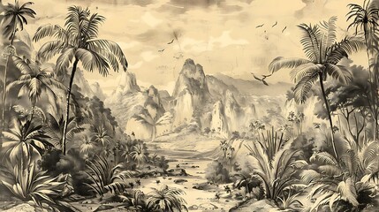 A serene landscape featuring mountains, waterfalls, and lush palm trees, evoking a tranquil, natural atmosphere.