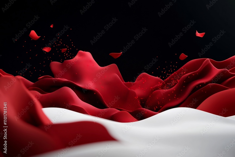 Poster flowing red dots and dynamic lines composing abstract mountainous shapes on a deep black backdrop 3d