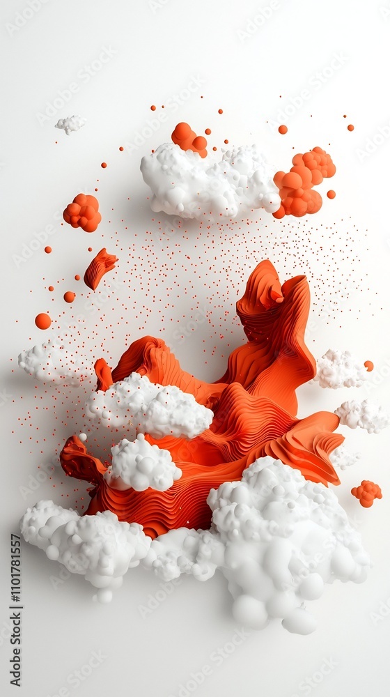 Poster flowing abstract scene with a dynamic wave of vibrant red dots and lines cascading across a mountain