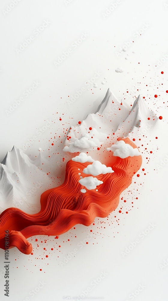 Poster Flowing abstract background featuring a dynamic wave pattern of cascading red dots and lines across a 3D mountainous landscape set against a clean white environment