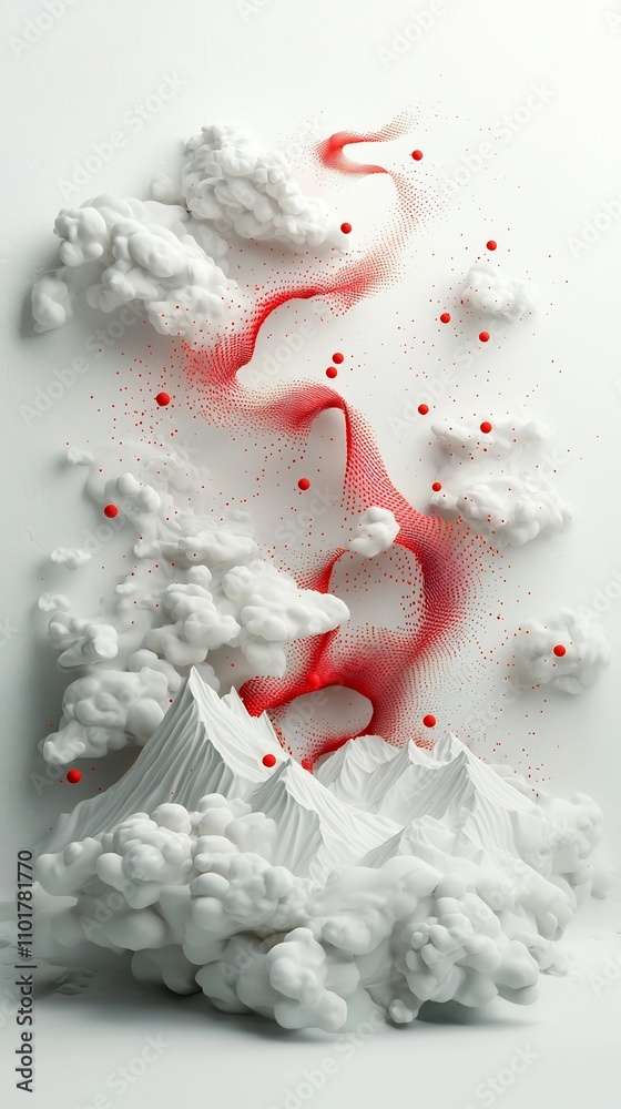 Poster flowing abstract scene with a dynamic wave of red dots and lines cascading across a mountainous 3d l