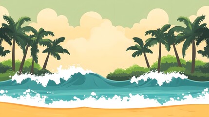 Waves crashing on tropical beach coastal paradise digital art sunny day vibrant scene nature's beauty