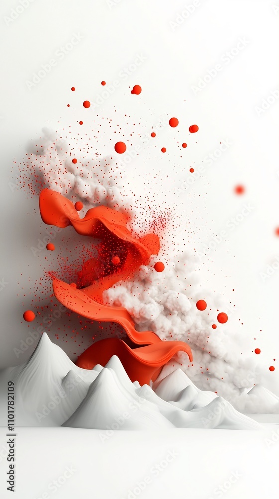 Poster flowing abstract 3d landscape with dynamic wave of red dots and lines cascading across a mountainous