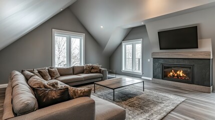 Stylish gray attic with sloped ceilings, a plush sofa, and a fireplace creating a warm, inviting atmosphere.