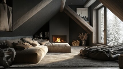Stylish gray attic with sloped ceilings, a plush sofa, and a fireplace creating a warm, inviting atmosphere.