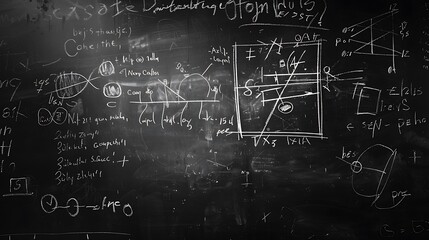 A blackboard filled with mathematical equations, diagrams, and notes, indicating a classroom or study environment.