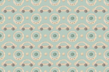 Seamless Pattern with toddler wood toys. Hand drawn illustration baby car and rattle. Watercolor seamless background for Kids. Print for childish textile or wallpaper