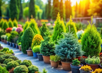 Fototapeta premium Vibrant Tilt-Shift Photography of Coniferous Plants in a Plant Nursery â€“ Stunning Display of Garden Plants for Landscape Design and Home Gardening Enthusiasts