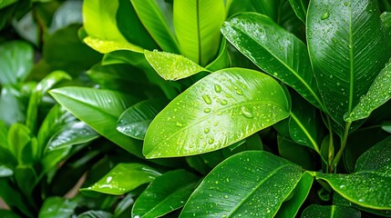 Lush Green Plants with Glistening Raindrops in the Sunlight