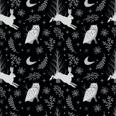Winter forest seamless pattern. White hare, owl, tree and plants on a black background. Magic vector illustration for Christmas design, packaging, wrapping paper, fabric, bed linen