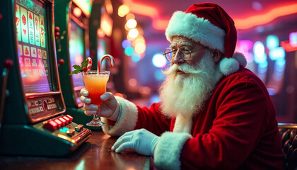 Santa Claus enjoys a festive cocktail while playing a slot machine in a vibrant casino decorated...