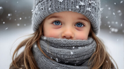 Portrait of cute little girl in woolen hat and wrapped in woolen scarf outside on the cold snowy winter day