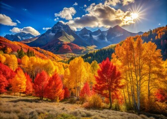 Fototapeta premium Vibrant Autumn Colors in Colorado: A Scenic Bokeh Effect of Golden Aspens and Crimson Maples Under a Clear Blue Sky