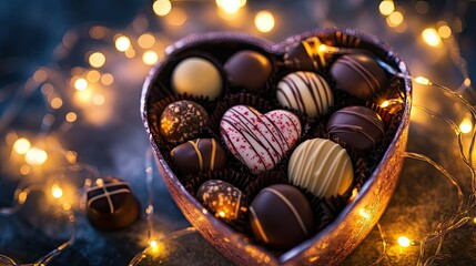 A heart-shaped box filled with assorted chocolates, surrounded by glowing fairy lights.