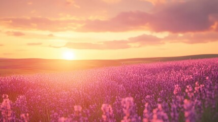 Obraz premium Vibrant pink lavender field extending into the horizon under the warm glow of a setting sun.