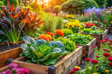 Vibrant Macro Photography of Hochbeete in a Garden Showcasing Lush Vegetables and Colorful Flowers with Dewdrops Glimmering in Morning Light for Gardening Enthusiasts