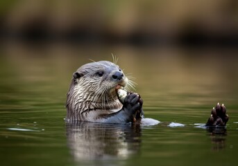 Otter eating fish in tranquil lake surrounded by natural environment