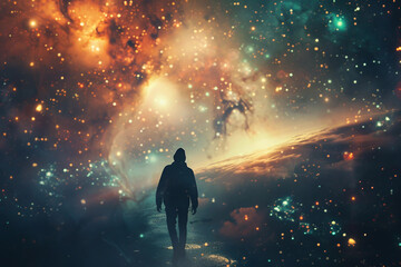 Obraz premium Generative AI Close-Up of a Time Traveler Exploring Cosmic Portal Across Space and Time