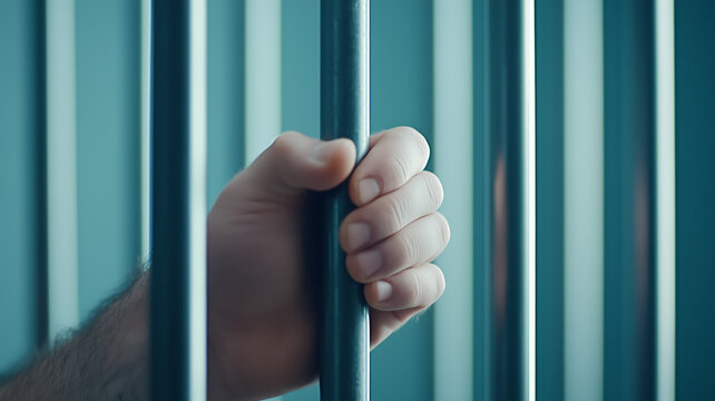 Close-up of a hand gripping a jail cell bar, symbolizing imprisonment, restriction, and the concept of confinement in a prison environment