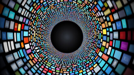 Abstract tunnel of diverse app icons flowing into a dark center, symbolizing digital connectivity, social media, and the overwhelming flow of information