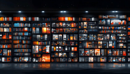 Wall of books and magazines in a modern bookstore at night.