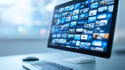 A computer monitor displaying a digital library of multiple video and image thumbnails, emphasizing online media consumption and content streaming