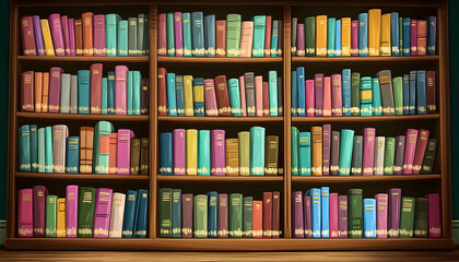 Wooden bookcase filled with colorful books, neatly arranged on shelves.