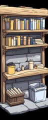 Wooden bookcase with multiple shelves filled with books and containers.