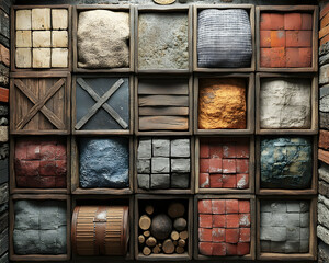 Wooden crates filled with various building materials and textures.