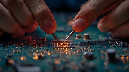 Engineer's Hands Soldering PCB Macro Close-Up with Copy Space for Branding
