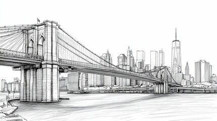 Brooklyn Bridge Sketch with New York City Skyline