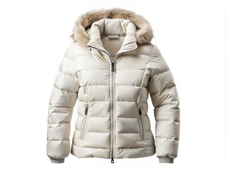 White Down Jacket Isolated on White Background for Fashion and Outdoor Gear Marketing with Soft Textures and Minimalist Aesthetic