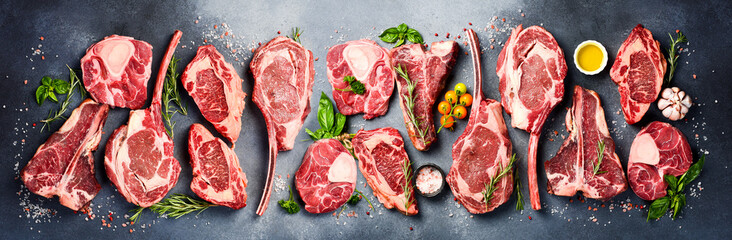 Banner with Variety of raw beef meat Prime steaks for grilling with seasoning: Tomahawk steak,...
